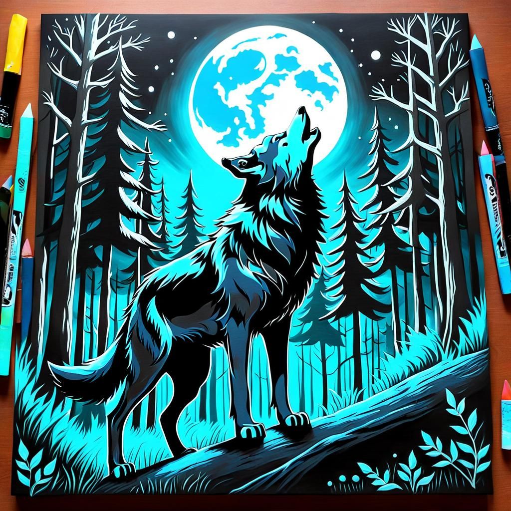 Chalk Graffiti Wolf Howling at Moon