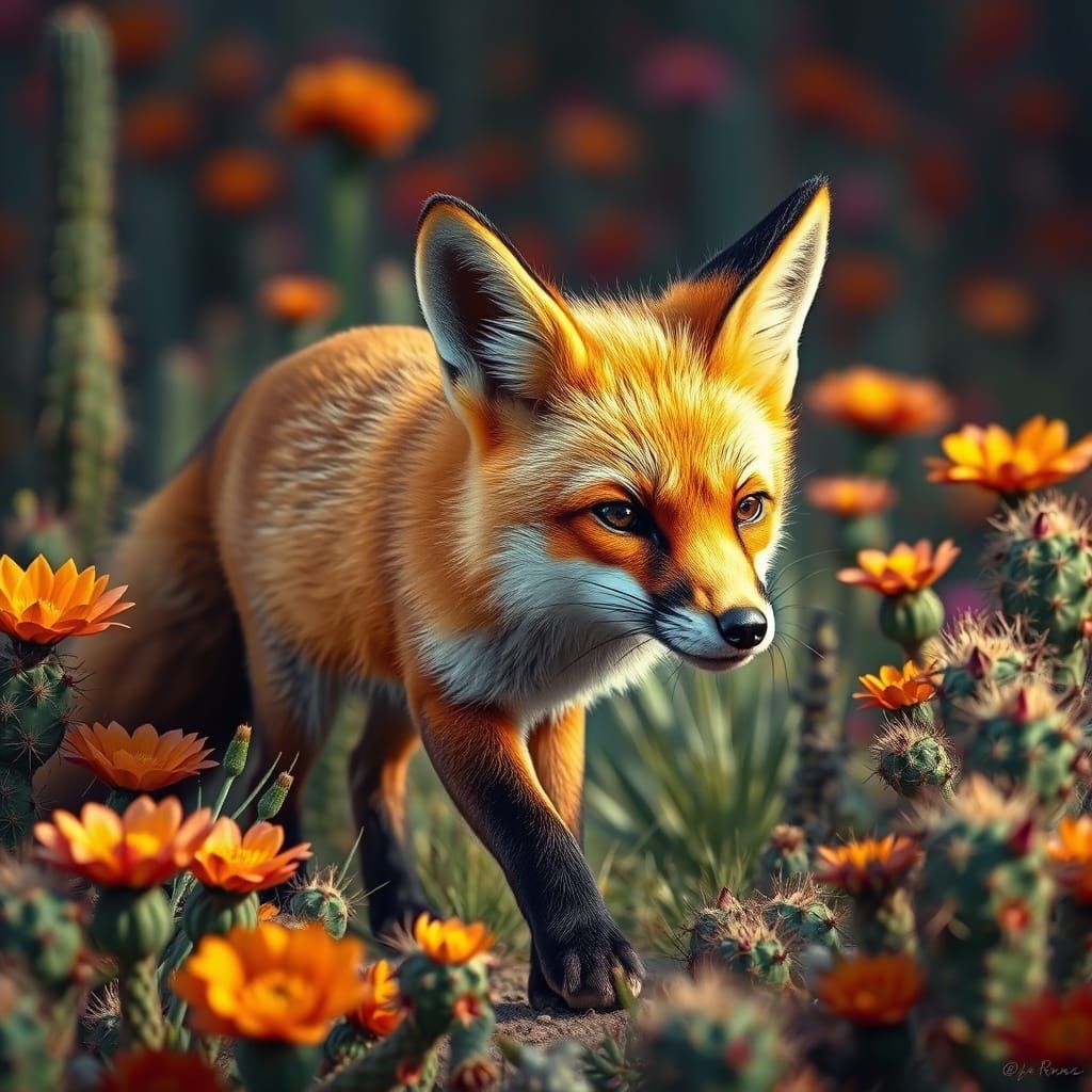 Hyperrealistic Orange Fox in Blooming Cactus Field