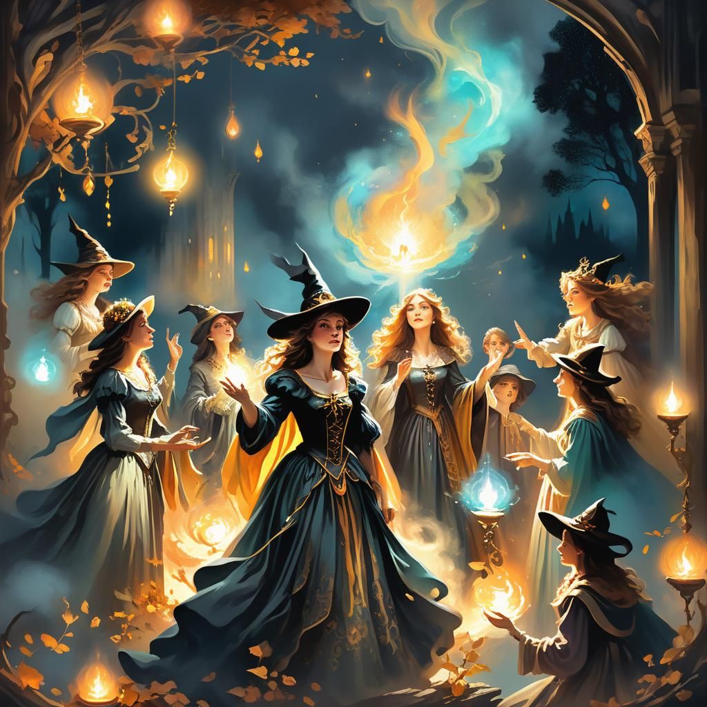 Baroque Witches Gather Under a Glowing Aura