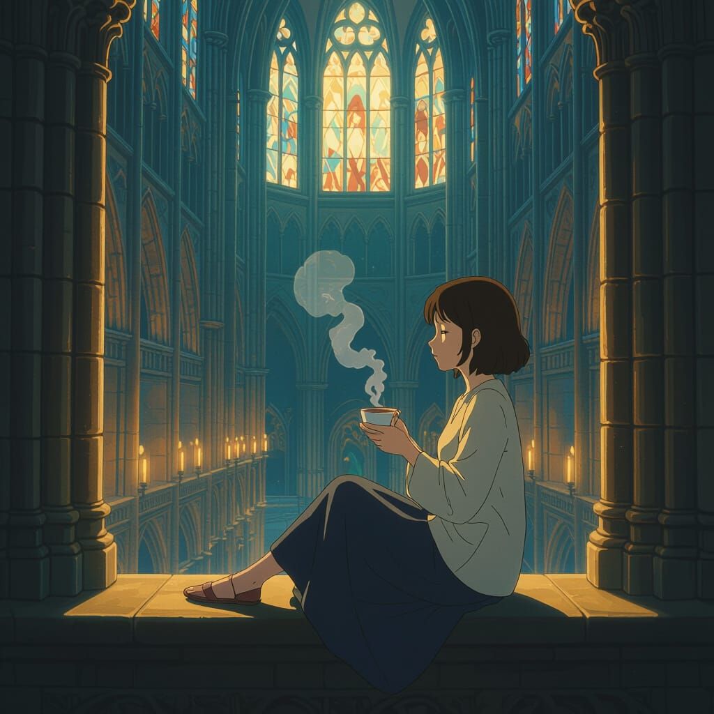 Woman Enjoys Tea on Cathedral Ledge in Anime Style