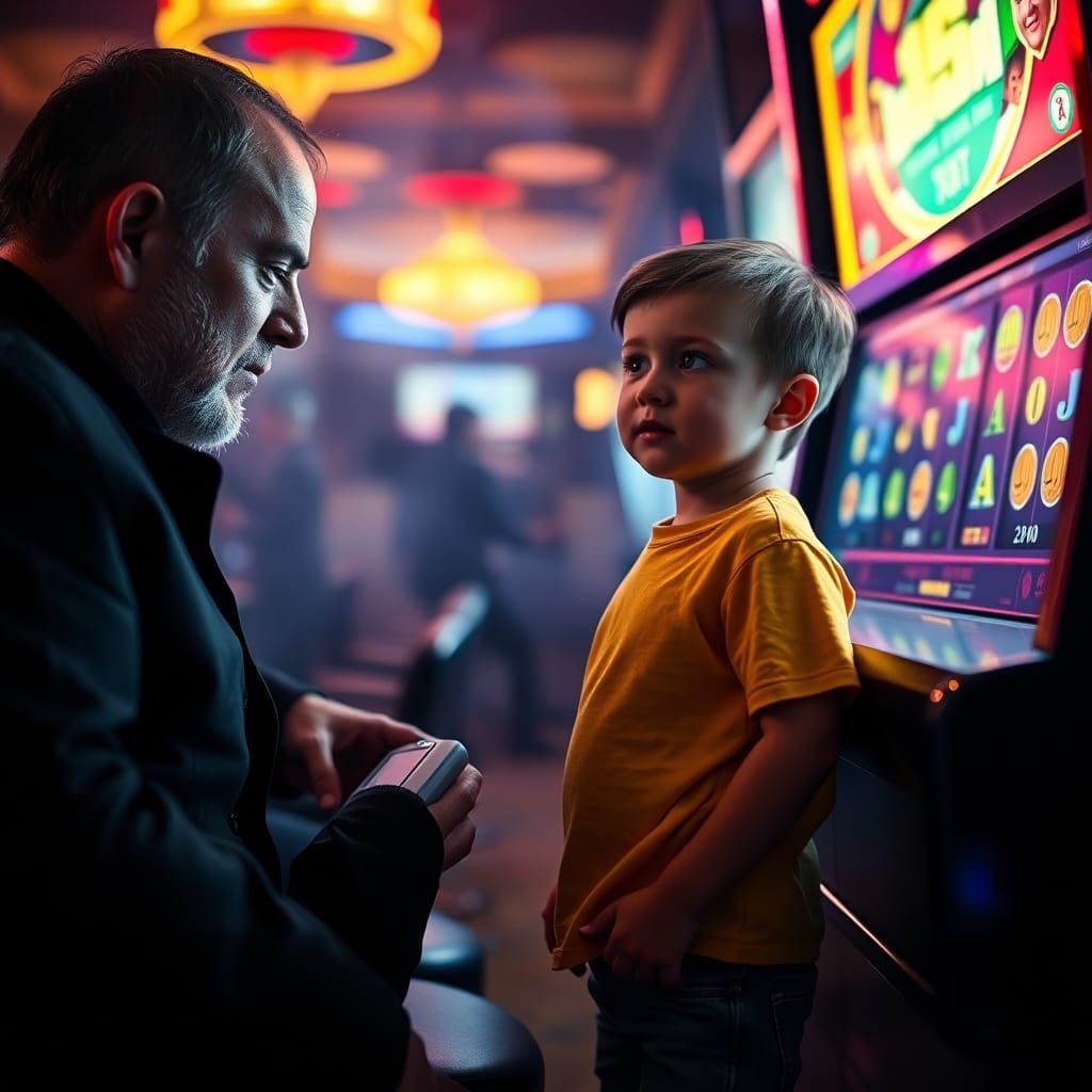 Boy Mesmerized by Casino Slot Machine, Cinematic Photography