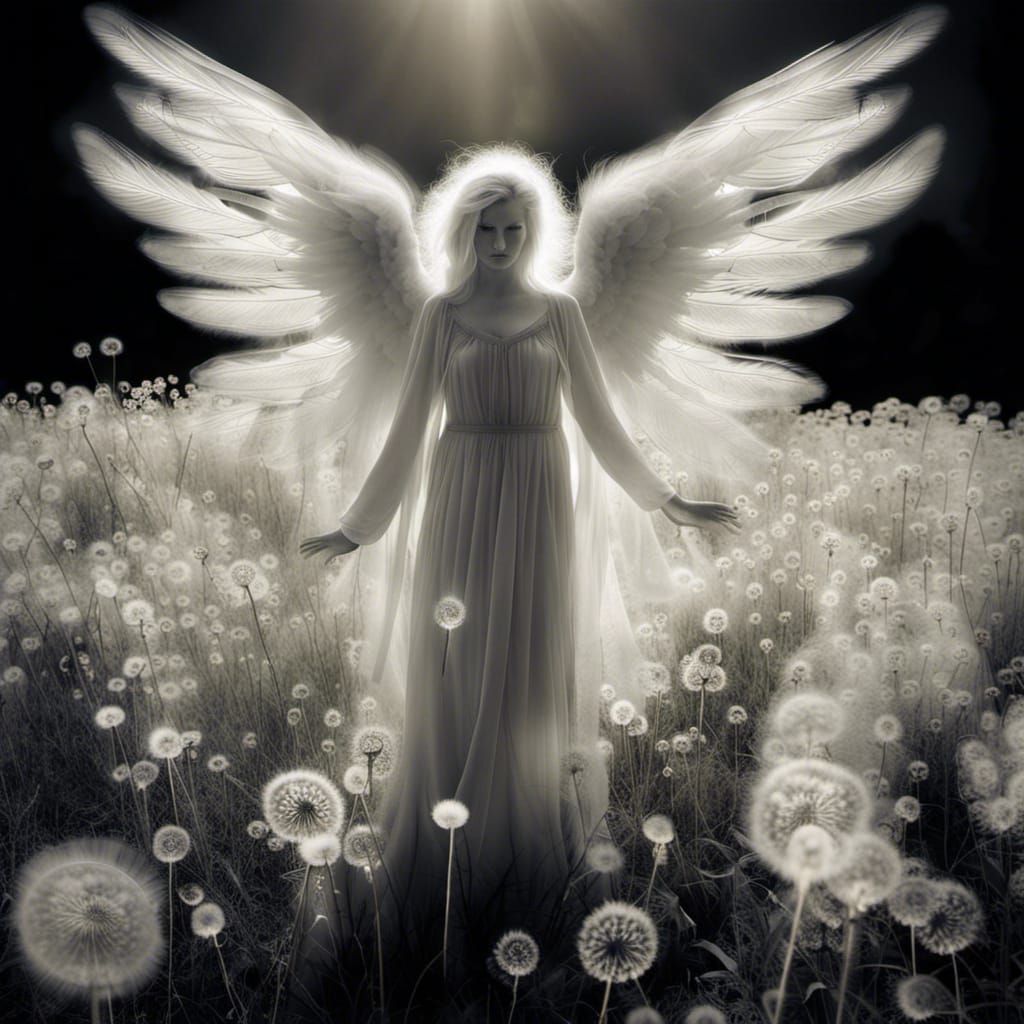 Ethereal Angel in Infrared Dandelion Dreamscape