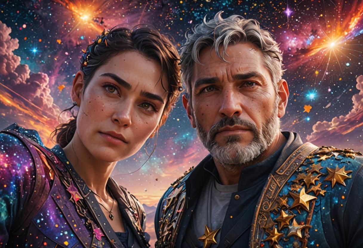 Couple Stargazing Under a Colorful Fantasy Sky