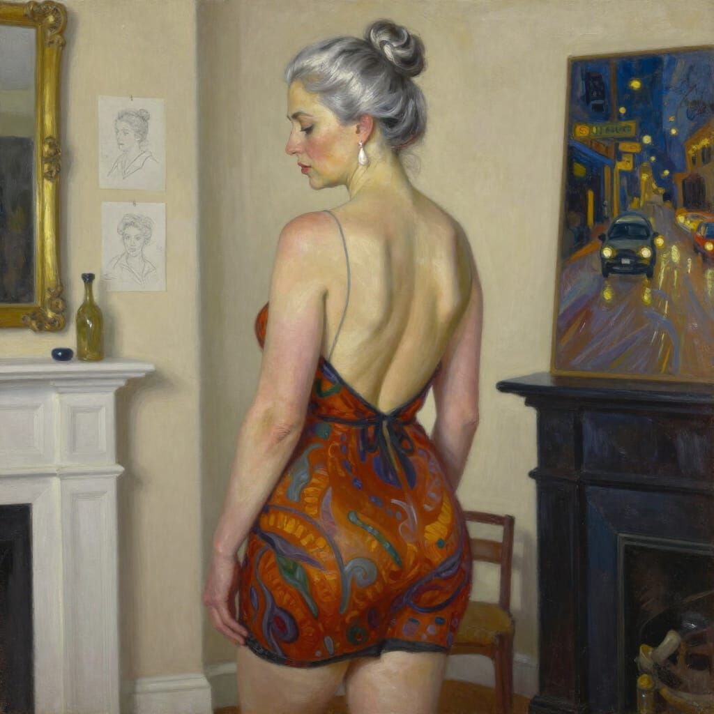 Impasto Oil Painting of Woman in Warm-Toned Dress
