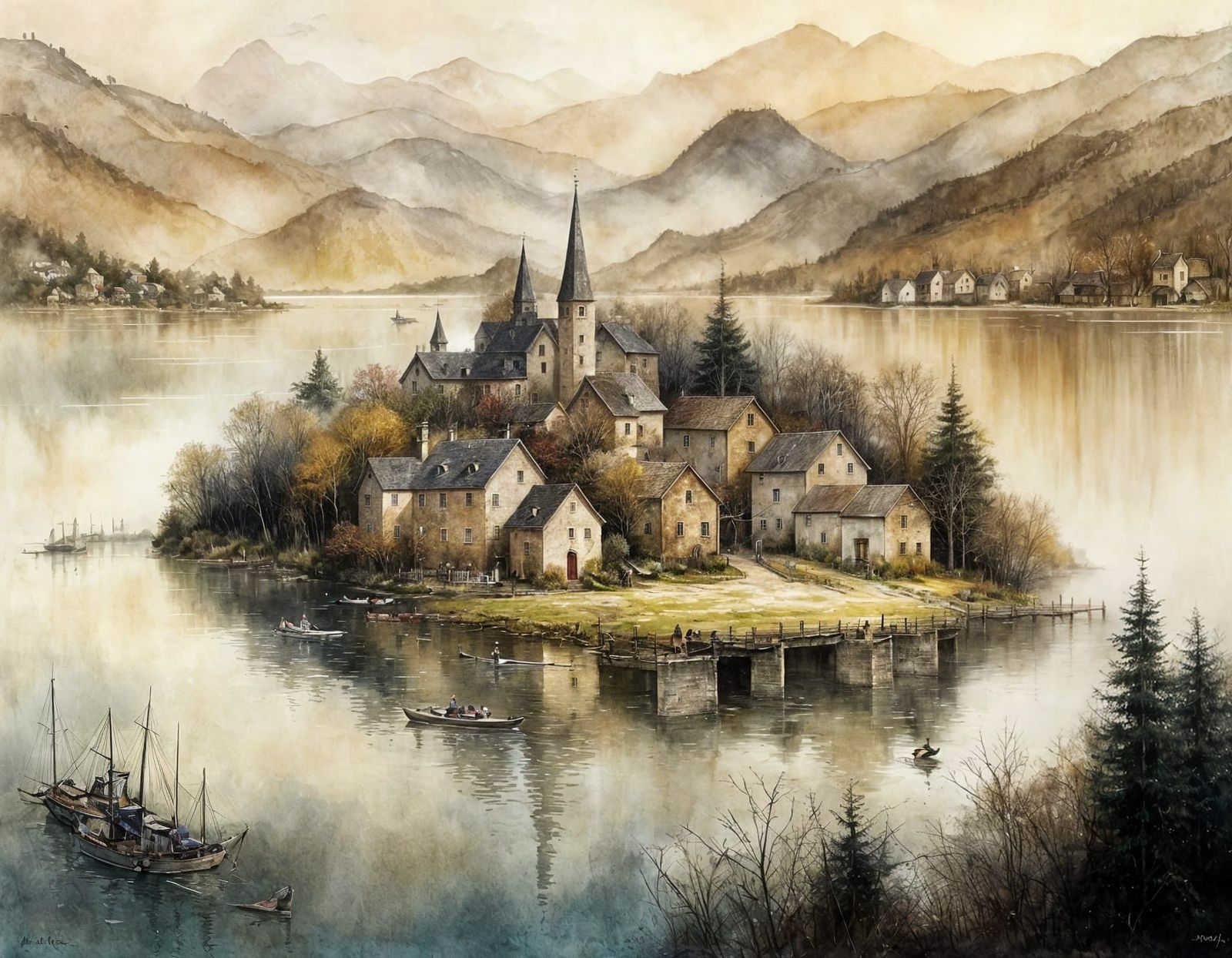 Whimsical Lake Village Illustration with Alcohol Inks