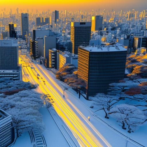 Snowy Tokyo Skyline in Golden Hour Light