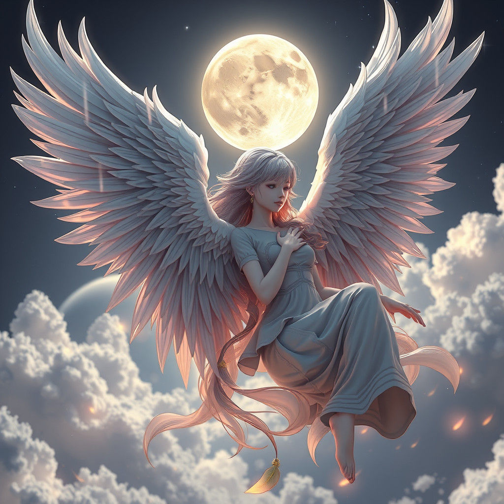 Anime Style Moon Angel with Feathered Wings