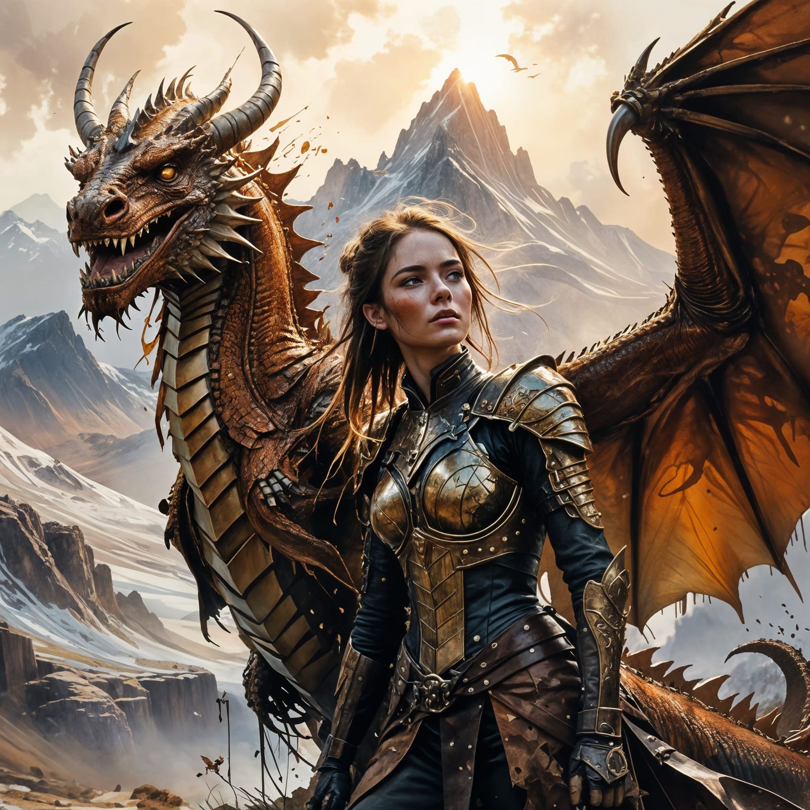 Dragon Rider in Dawn Mountains, Fantasy Realism Art