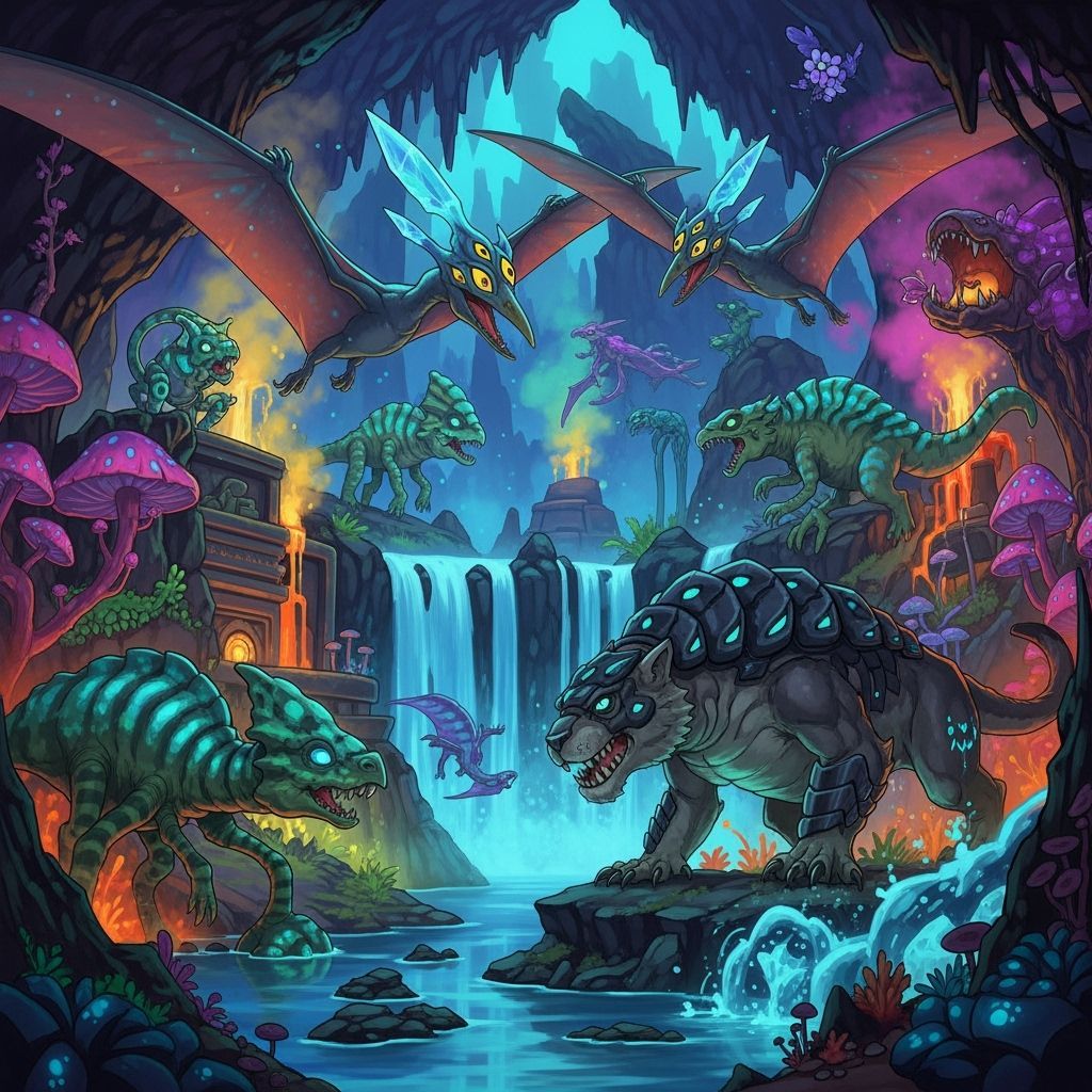 Prehistoric Creatures in Bioluminescent Underearth Caverns