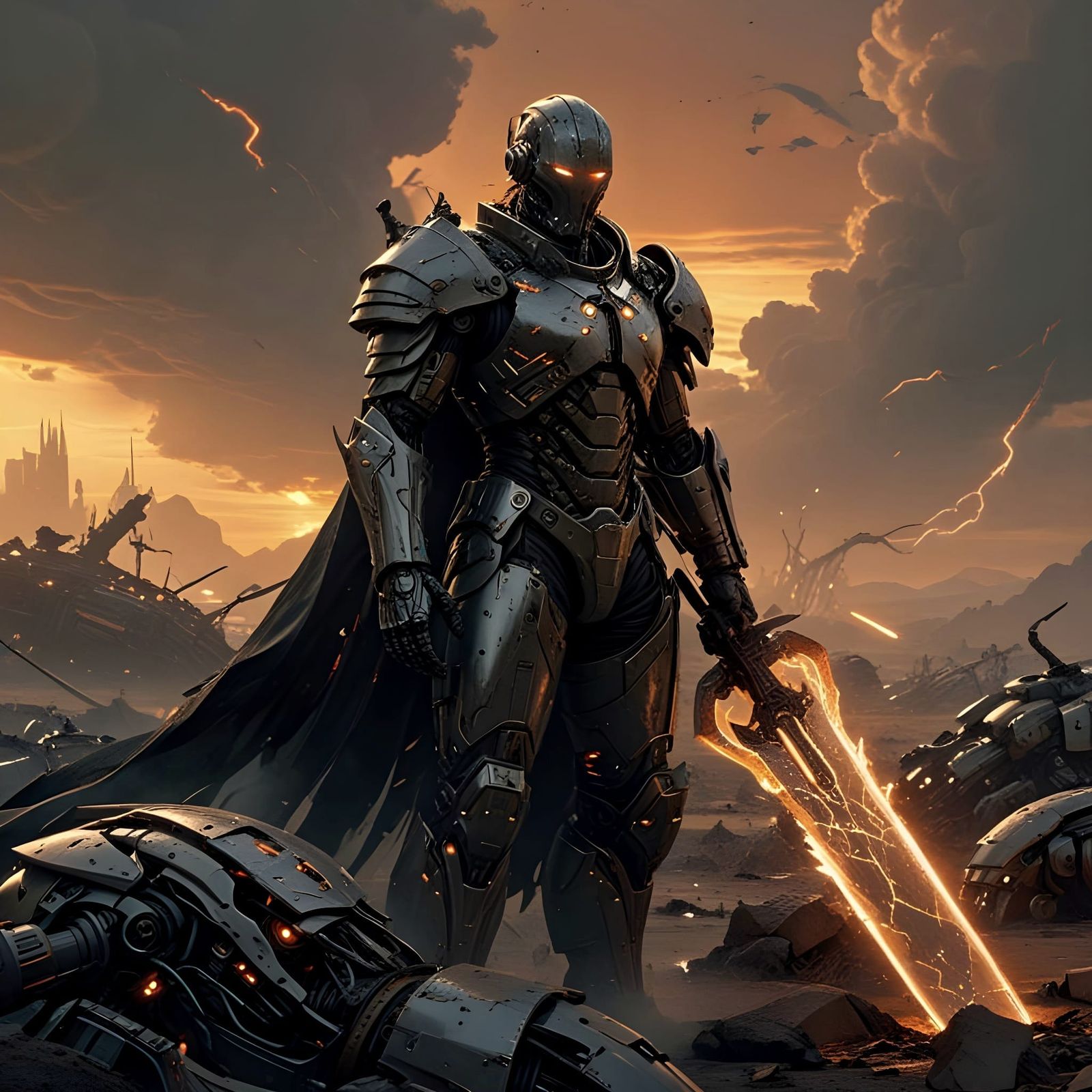 Cyborg Warrior on Battlefield in Fantasy-Futuristic Style