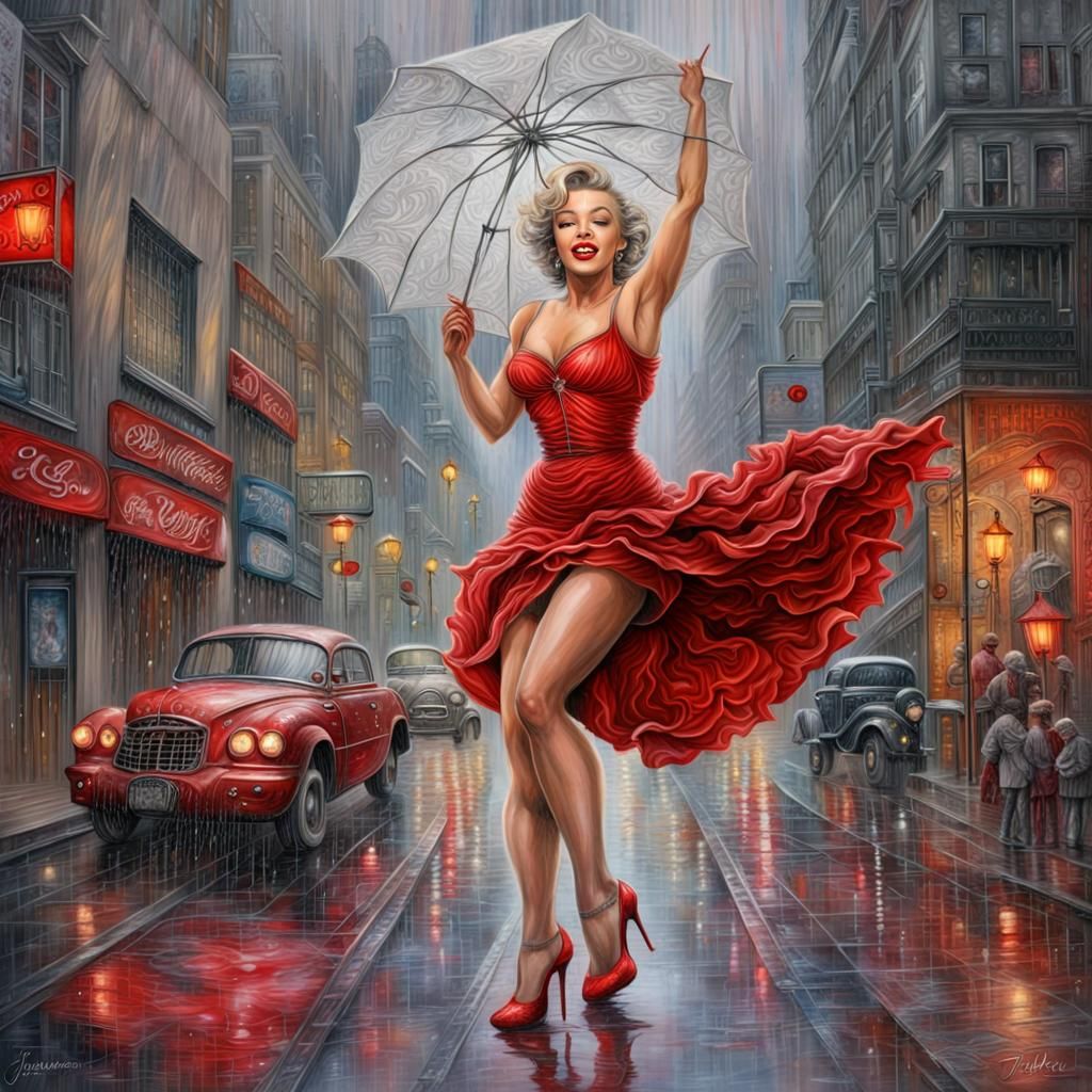 Rainy City Scene with Red Accents, Digital Painting