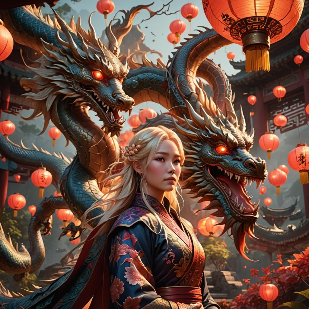 Girl and Dragon in Mystical Chinese Garden