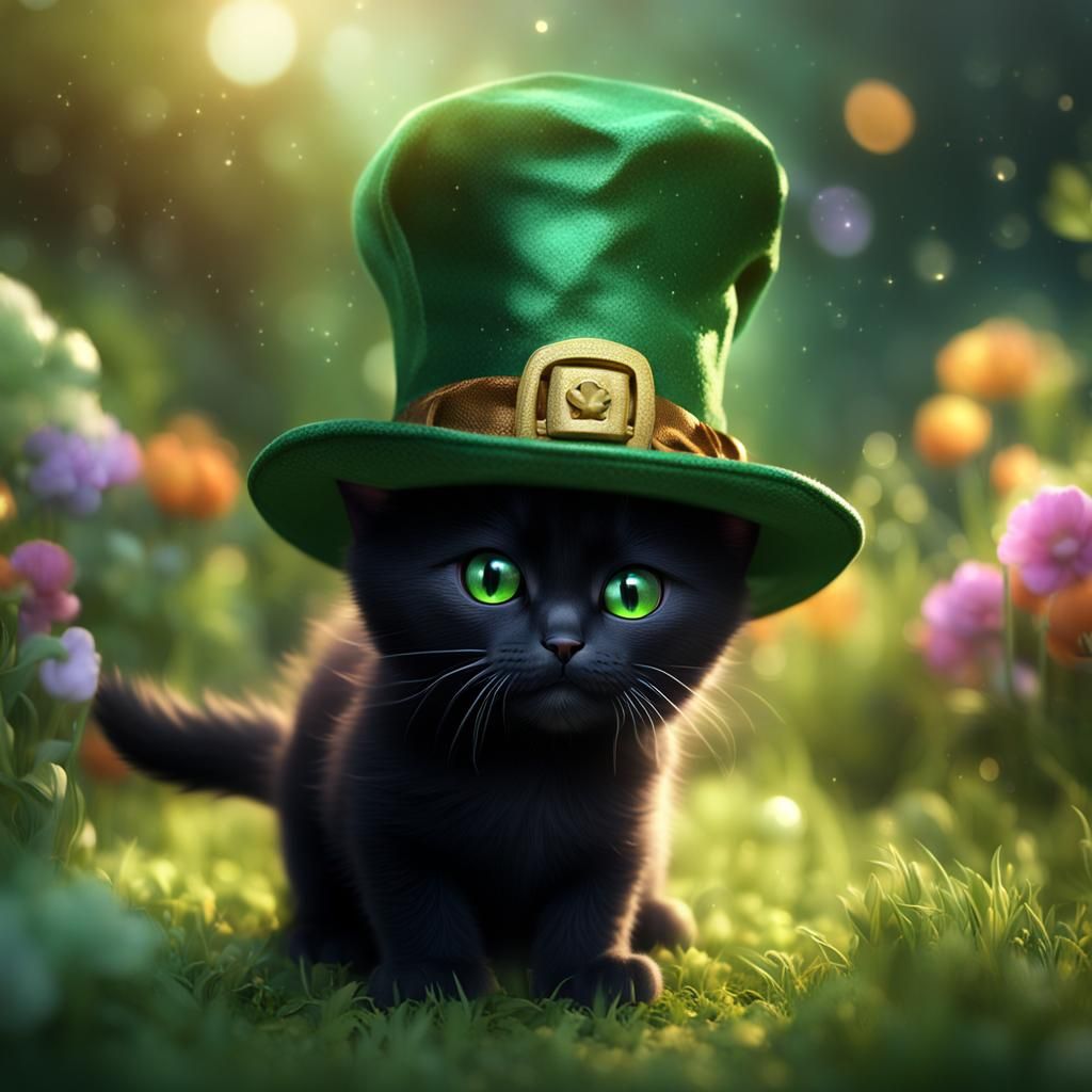 Baby Black Cat as Leprechaun in Garden