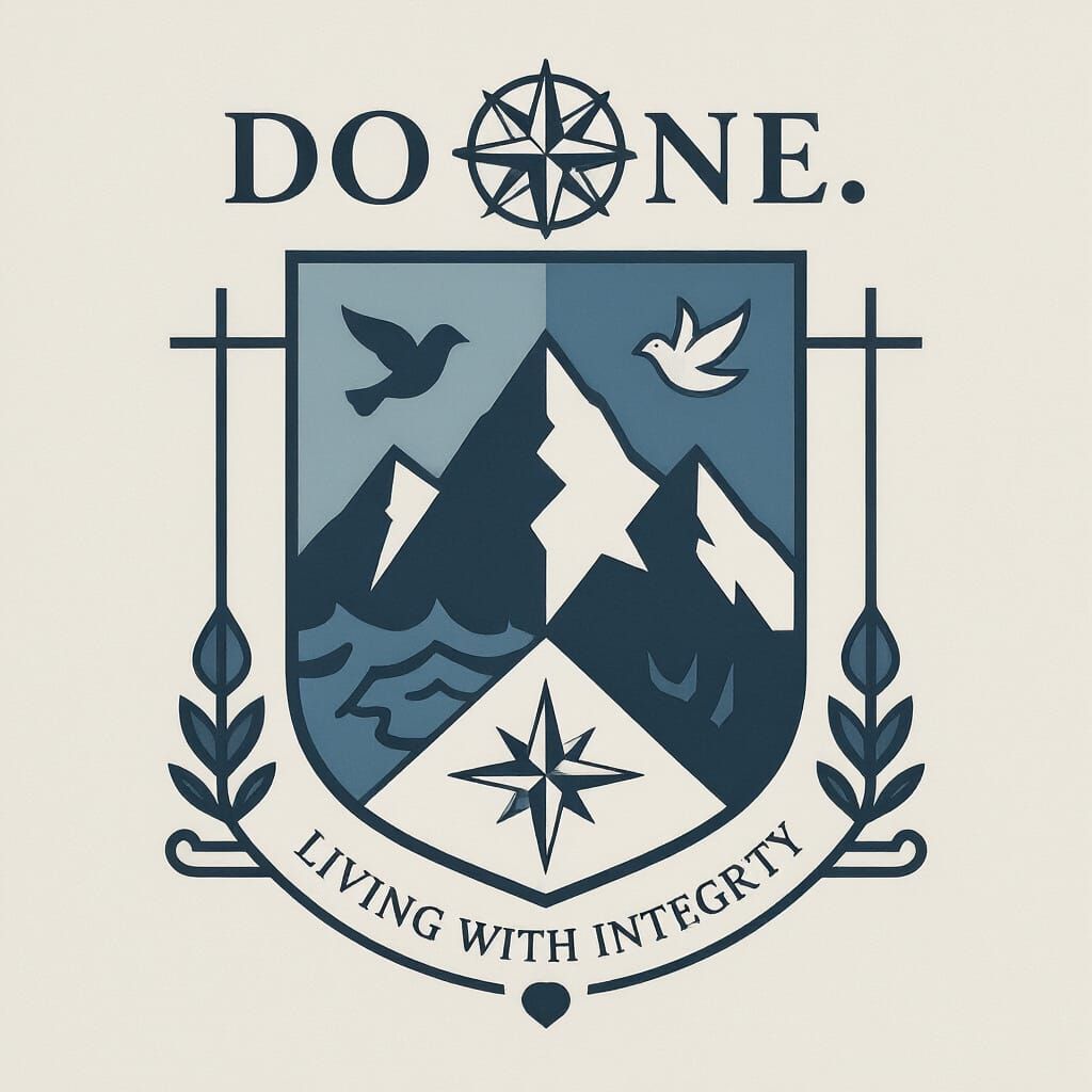 Doehne Family Crest: Mountain, Compass, Dove in Grey Blue Wh...