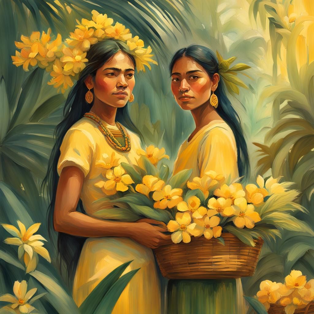 Polynesian Women Sell Yellow Flowers: Impressionistic Illust...
