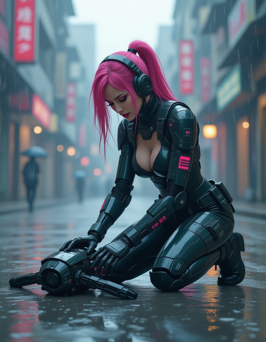 Cyberpunk Woman Repairs Robot in Wet City
