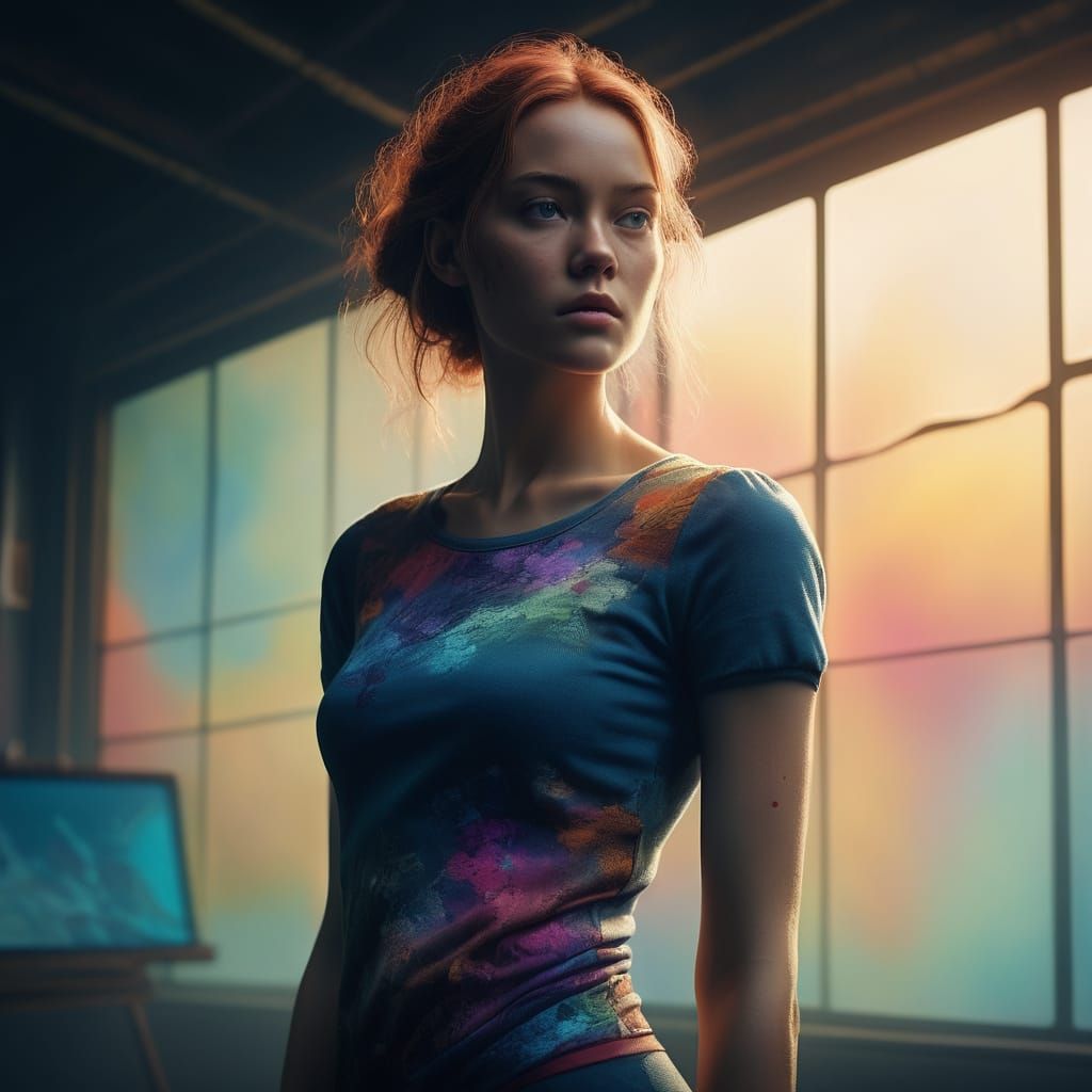 Woman in Vibrant Dreamlike Environment