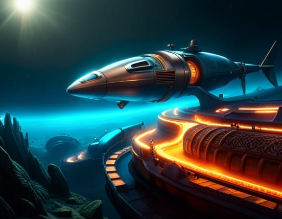 An alien submarine exploring marine life on its homeworld