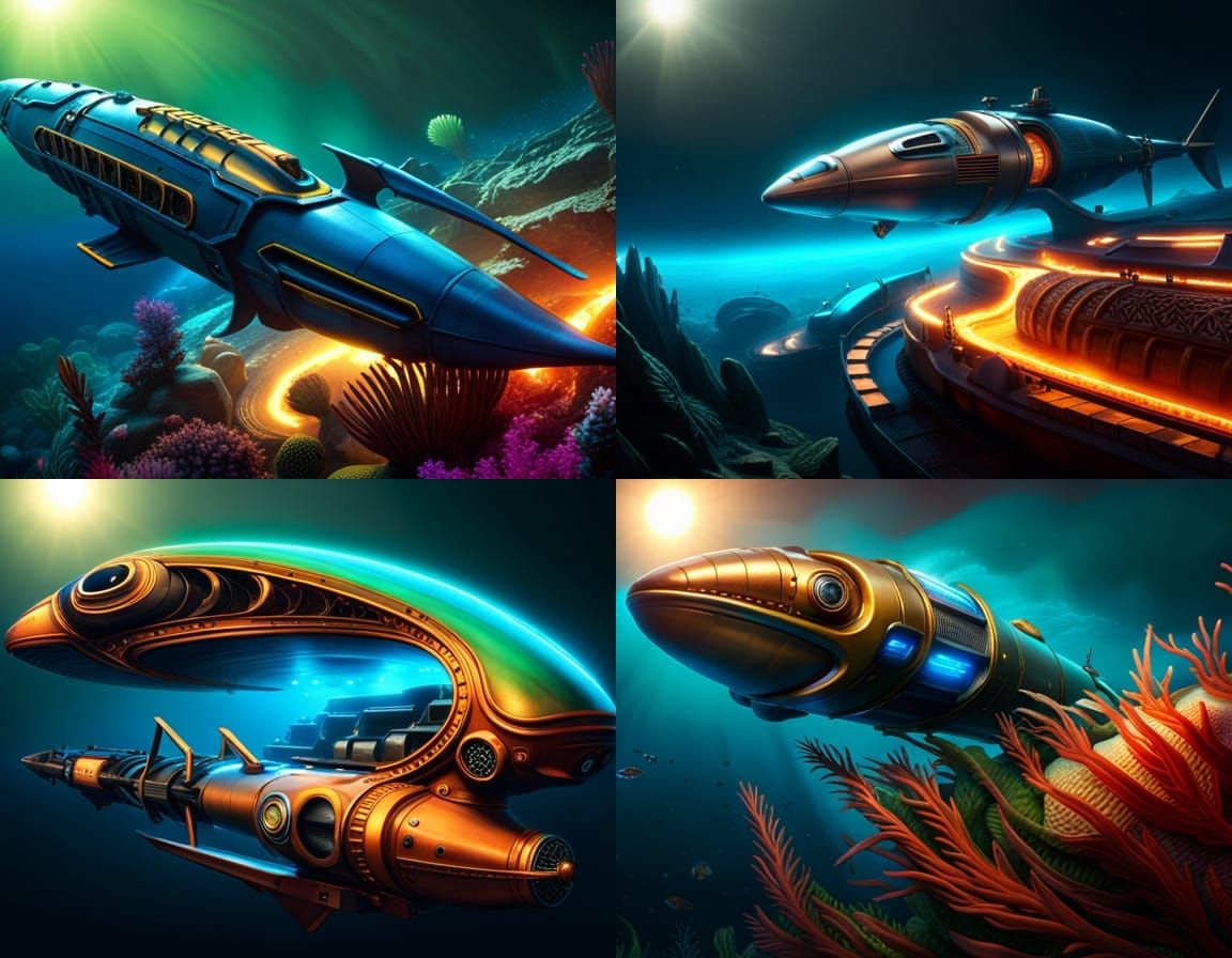 An alien submarine exploring marine life on its homeworld