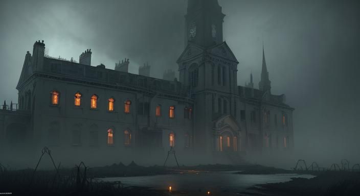 Gothic Asylum in Fog, Dark Fantasy Concept Art