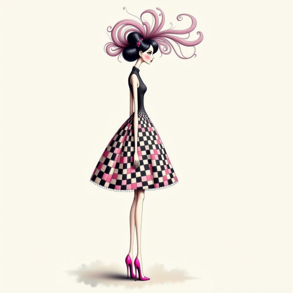 <lora:White Fantasy:1.0>a stylized female figure with a whimsical fashion sense, a tall, slender body, wearing a checker...