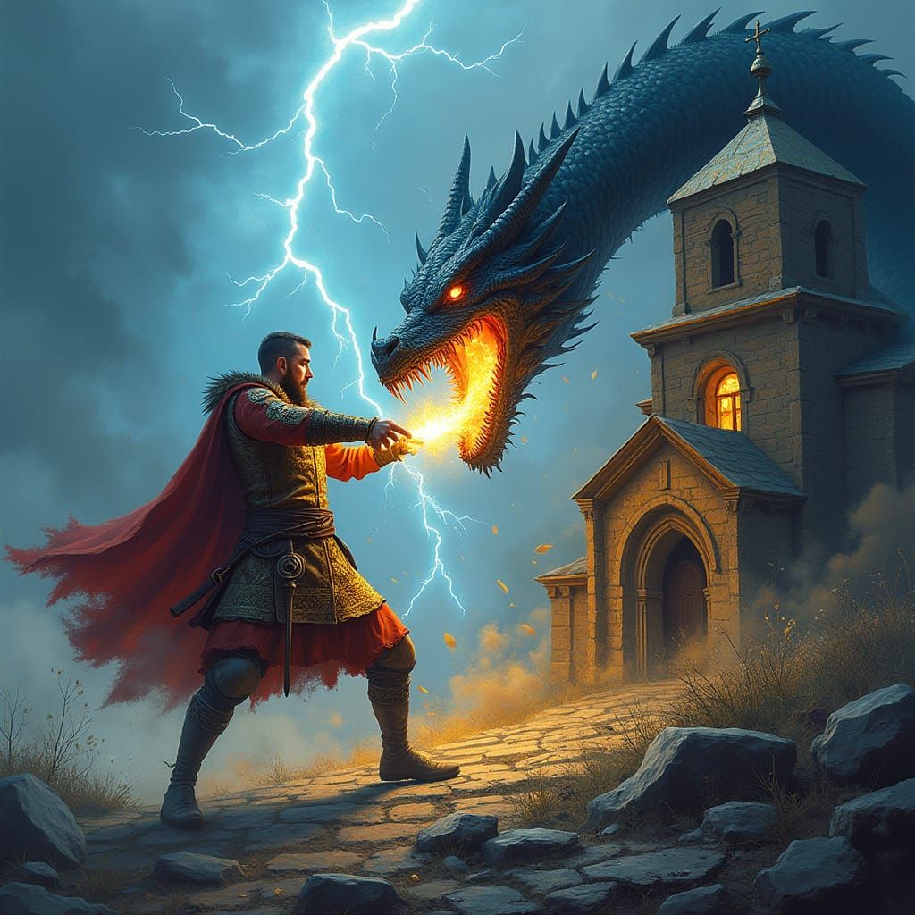 Ukrainian Hero Battles Dragon in a Swirling Storm of Color