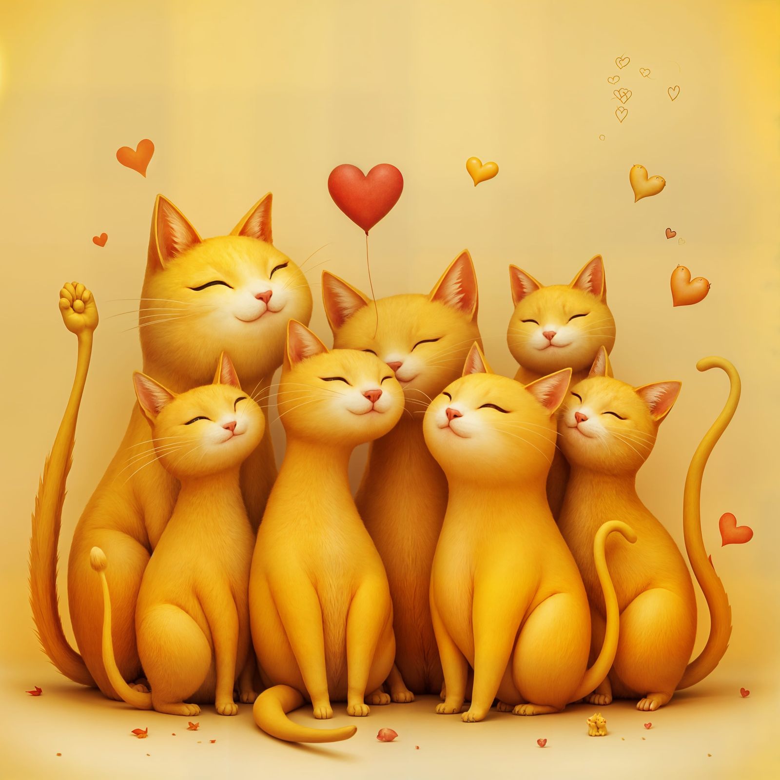 Yellow Cat Family Portrait Showing Affection