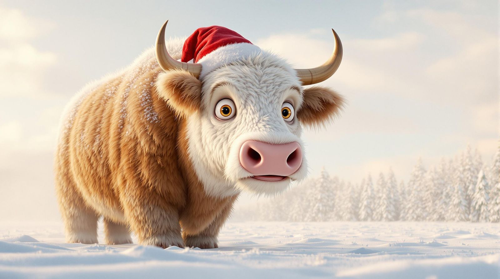Giant Happy Cow Wears Santa Hat in Snowy Field in Realistic...