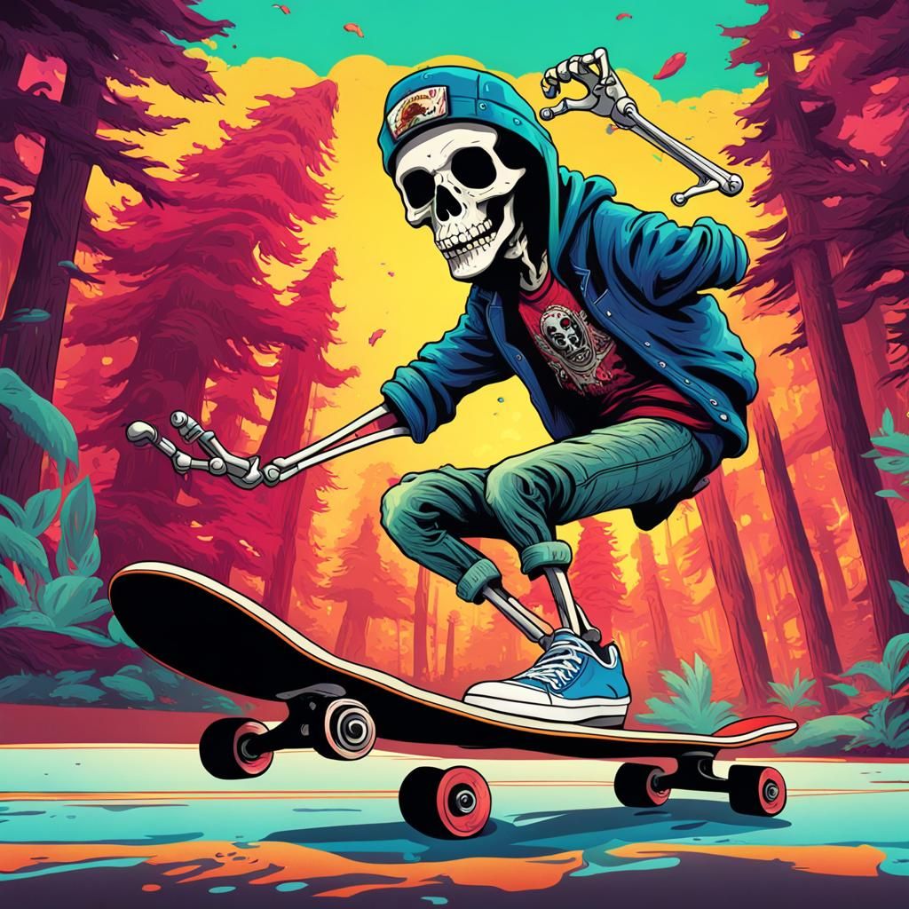 Punk Rock Skeleton Shreds in Hyperrealistic Splash Art