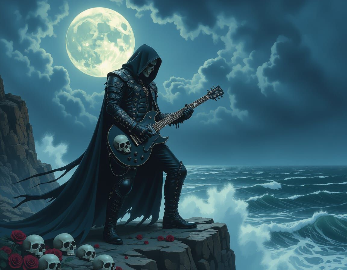 Gothic Metal Guitarist Overlooking Stormy Sea in Dark Fantas...