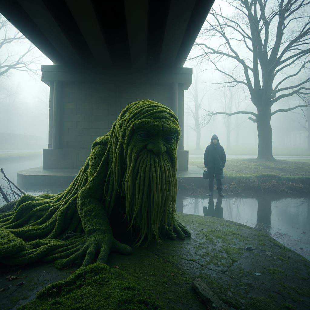 Surreal Moss Troll Under Bridge in Impressionistic Style