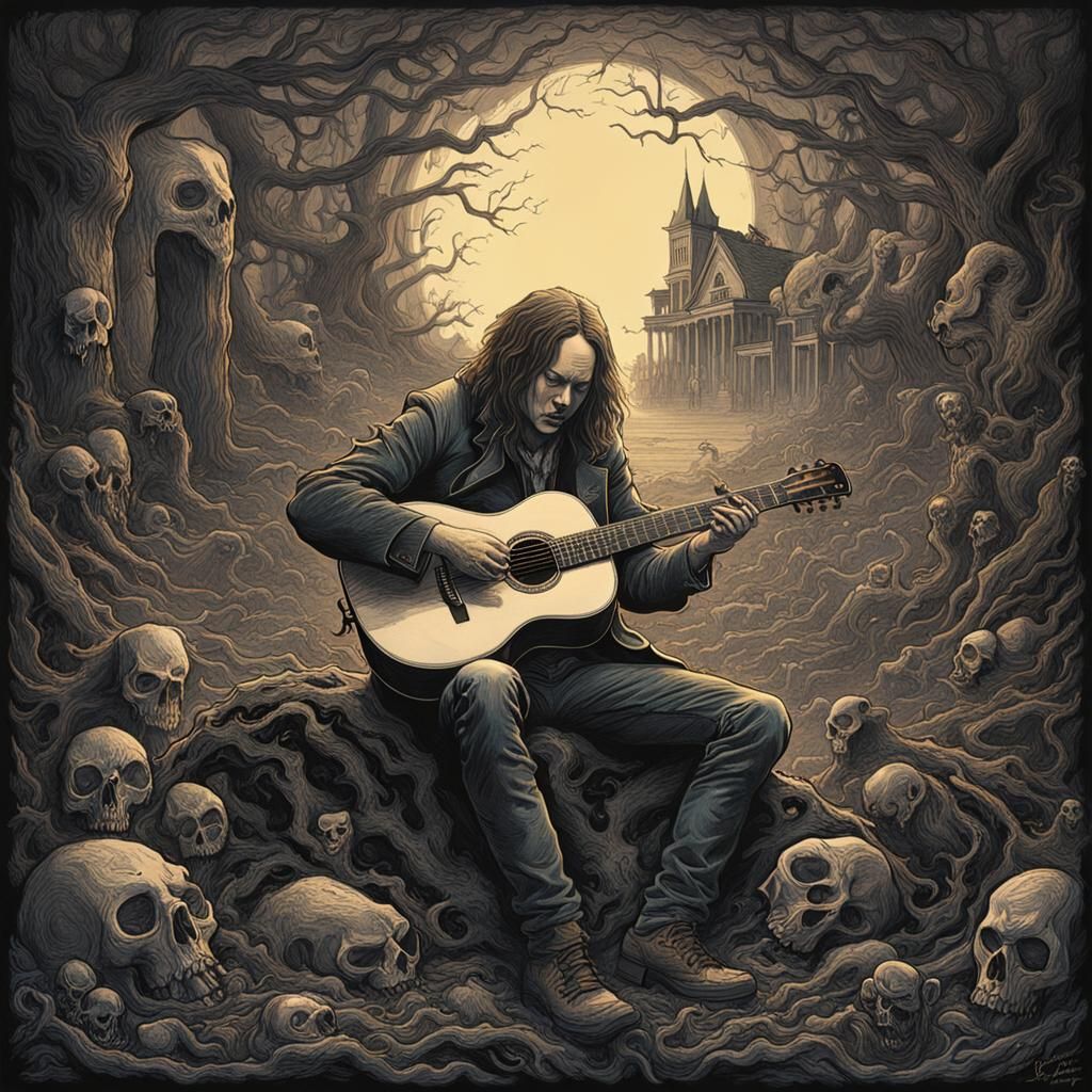 Sinister Billy Strings Guitar Art in Horror Style