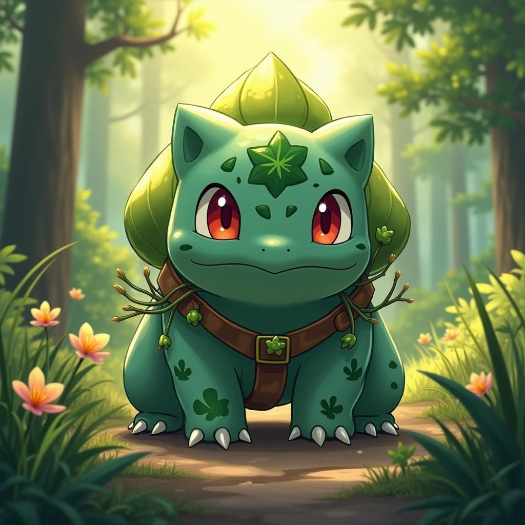 Bulbasaur in Lush Forest, Anime Cel-Shaded Style