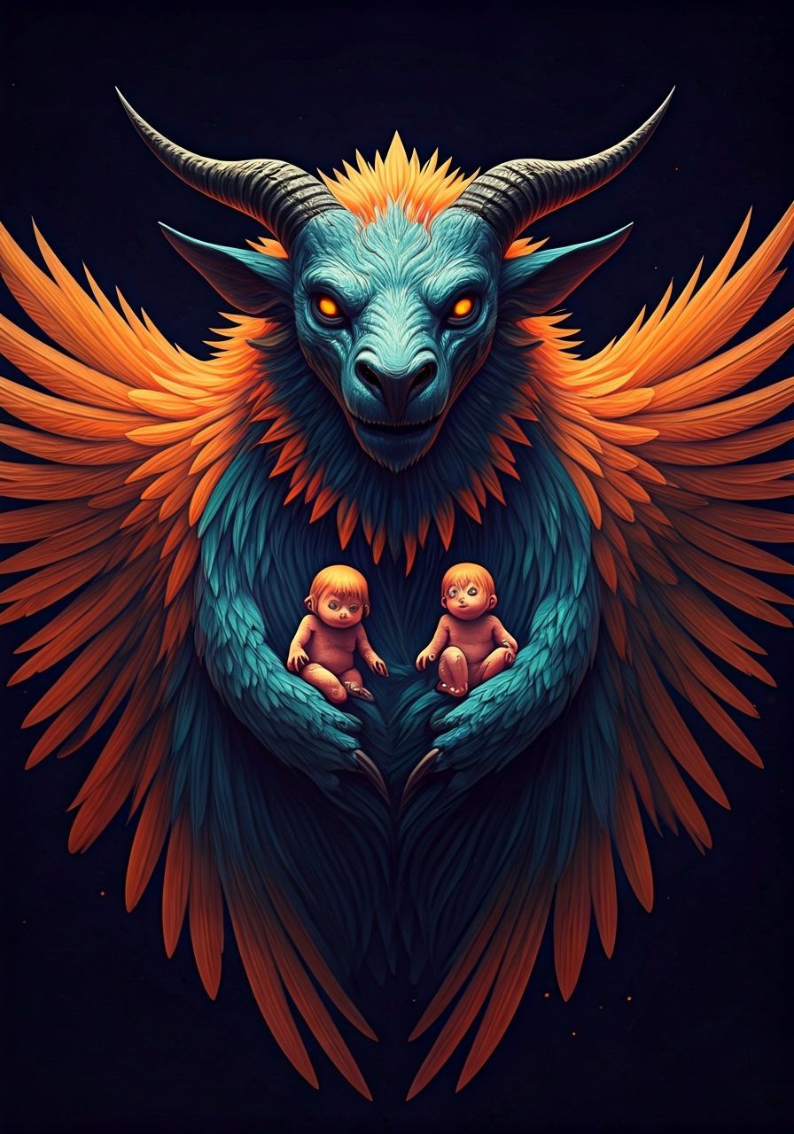 Sky Beast Cradles Orphans in Glitch Art Style