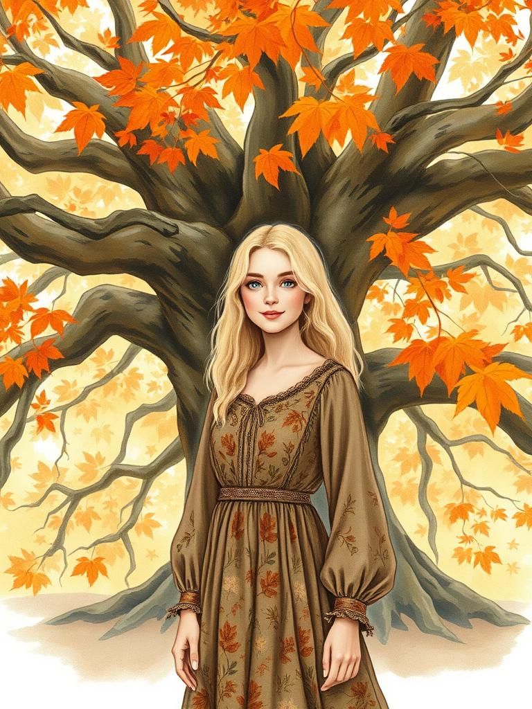 Autumn Woman Under Oak Tree in Watercolor Style