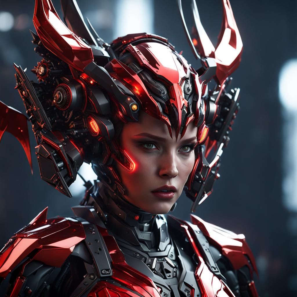 Cybernetic Demon with Fiery Hair in Sci-Fi Style