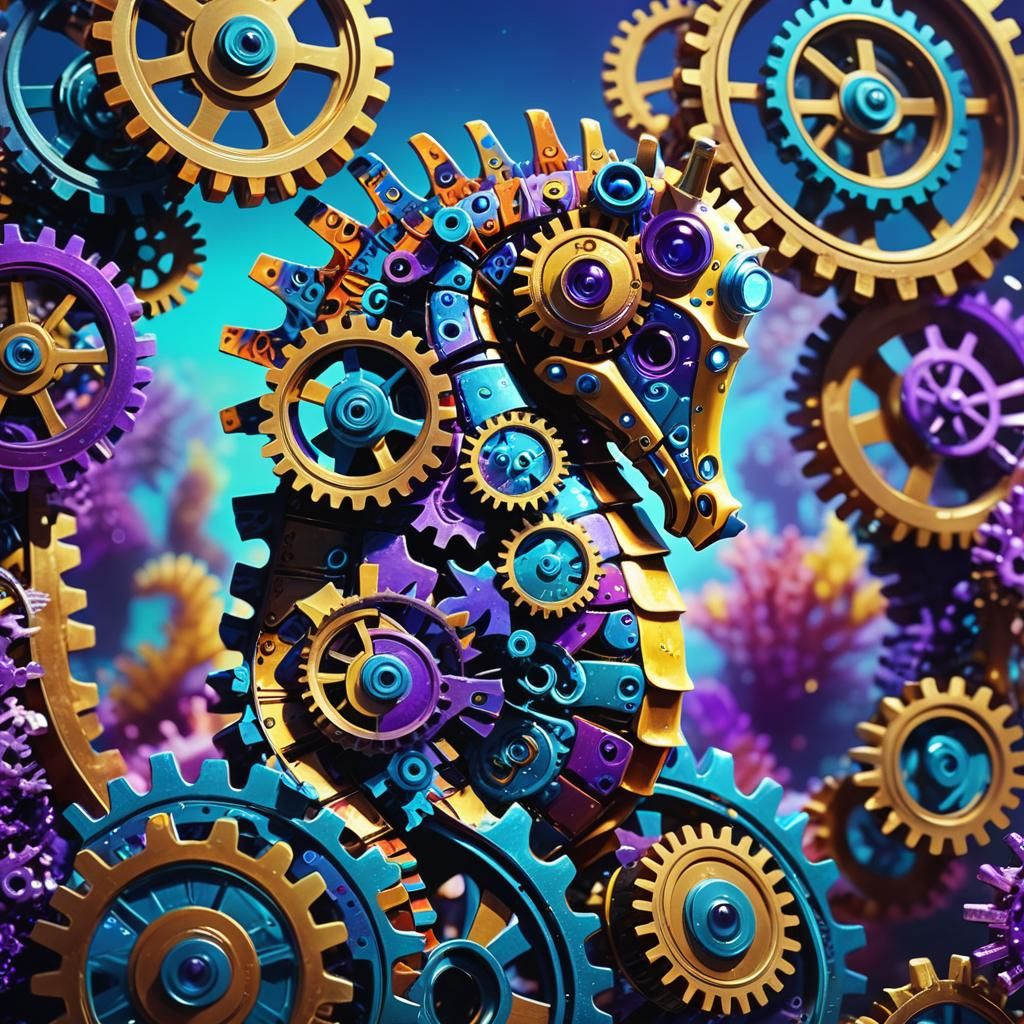 Gear-Seahorse in Colorful Postmodern 3D Digital Art
