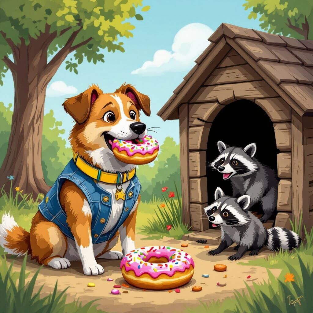 Dog Eats Donut During Raccoon Raid, Whimsical Illustration