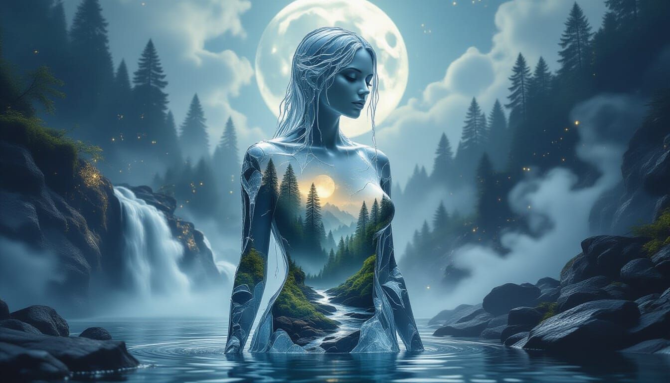 Ice Woman Double Exposure with Forest Interior