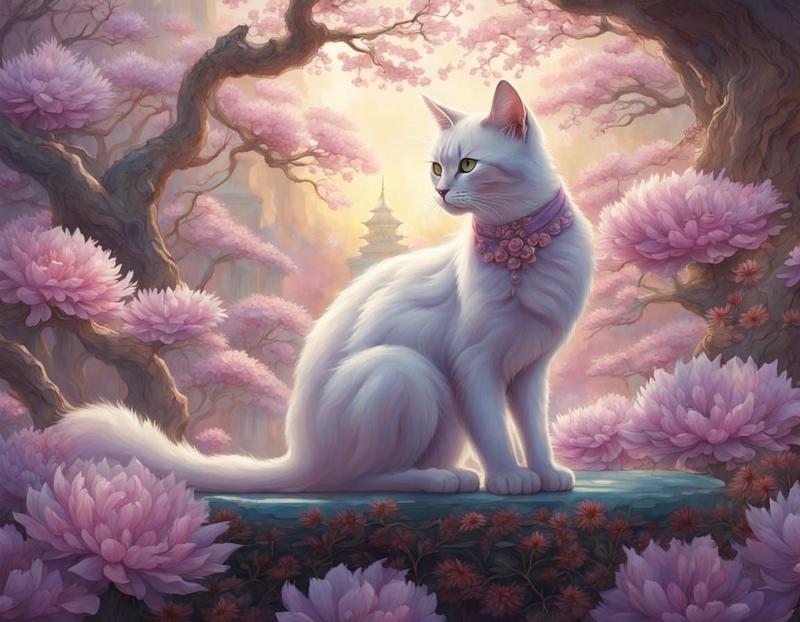 Ethereal Cat Amidst Lavender Blooms in Fantastical Garden