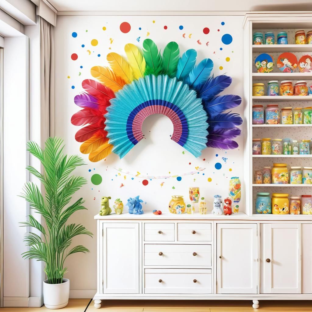 Rainbow Feather Fan Above Decorated Cupboard: Anime Style