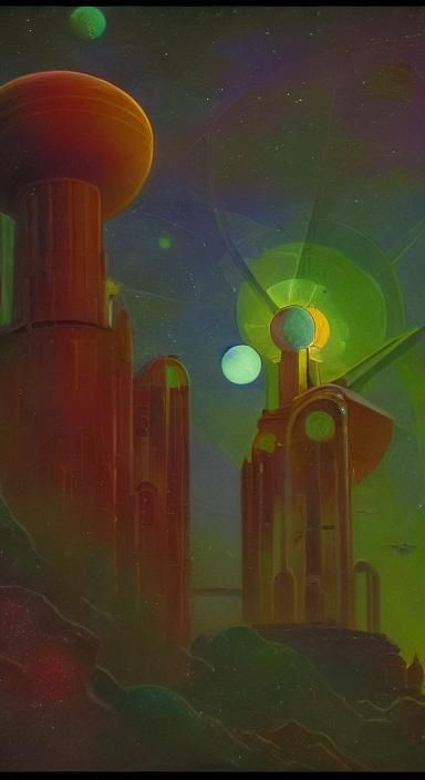 Retro Sci-Fi Alien City in Neo-Impressionist Style