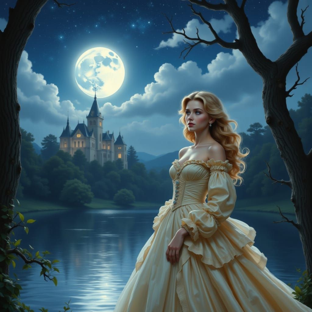 Milady de Winter in Sumptuous Gown by Moonlit River