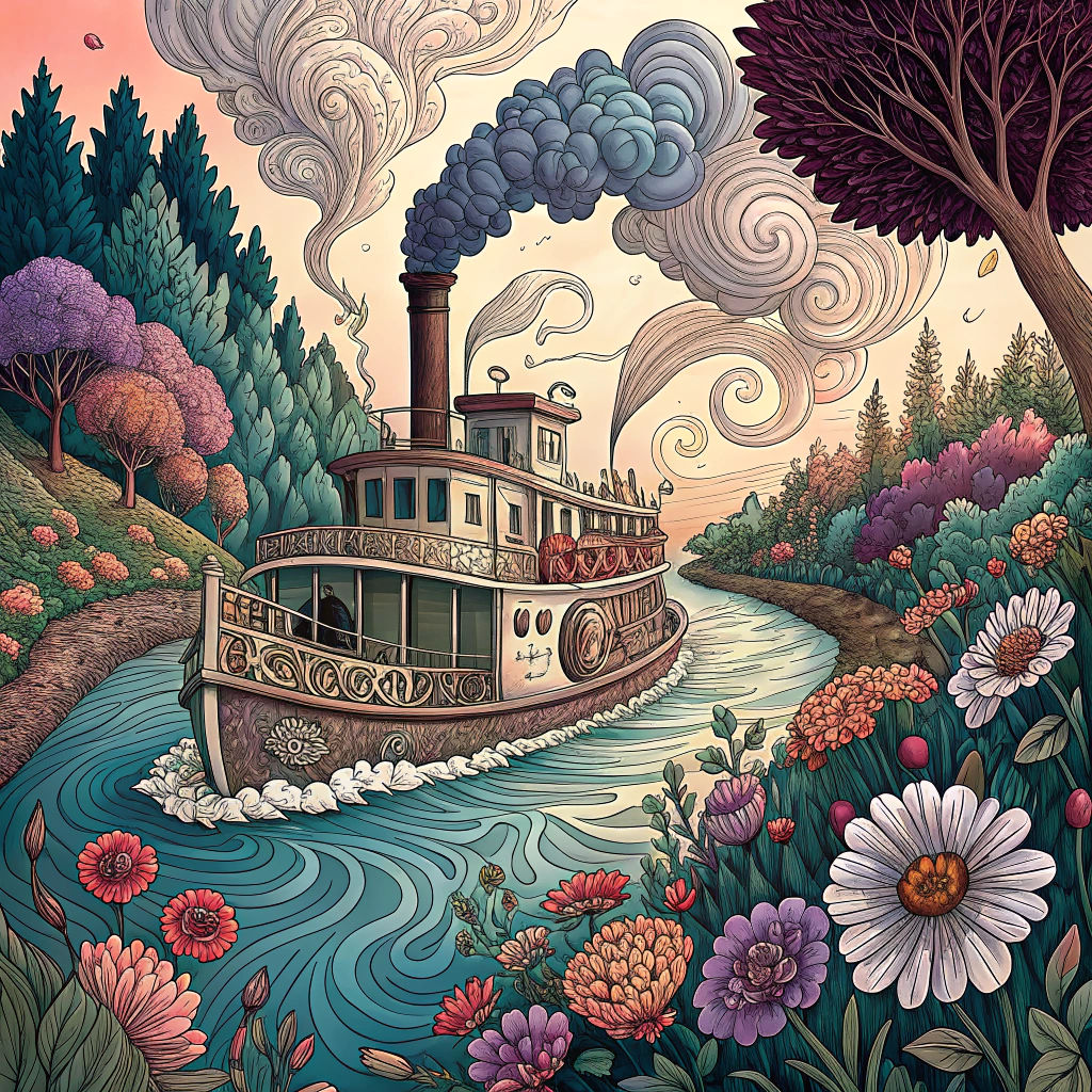 Whimsical Zentangle Steamboat on Colorful River