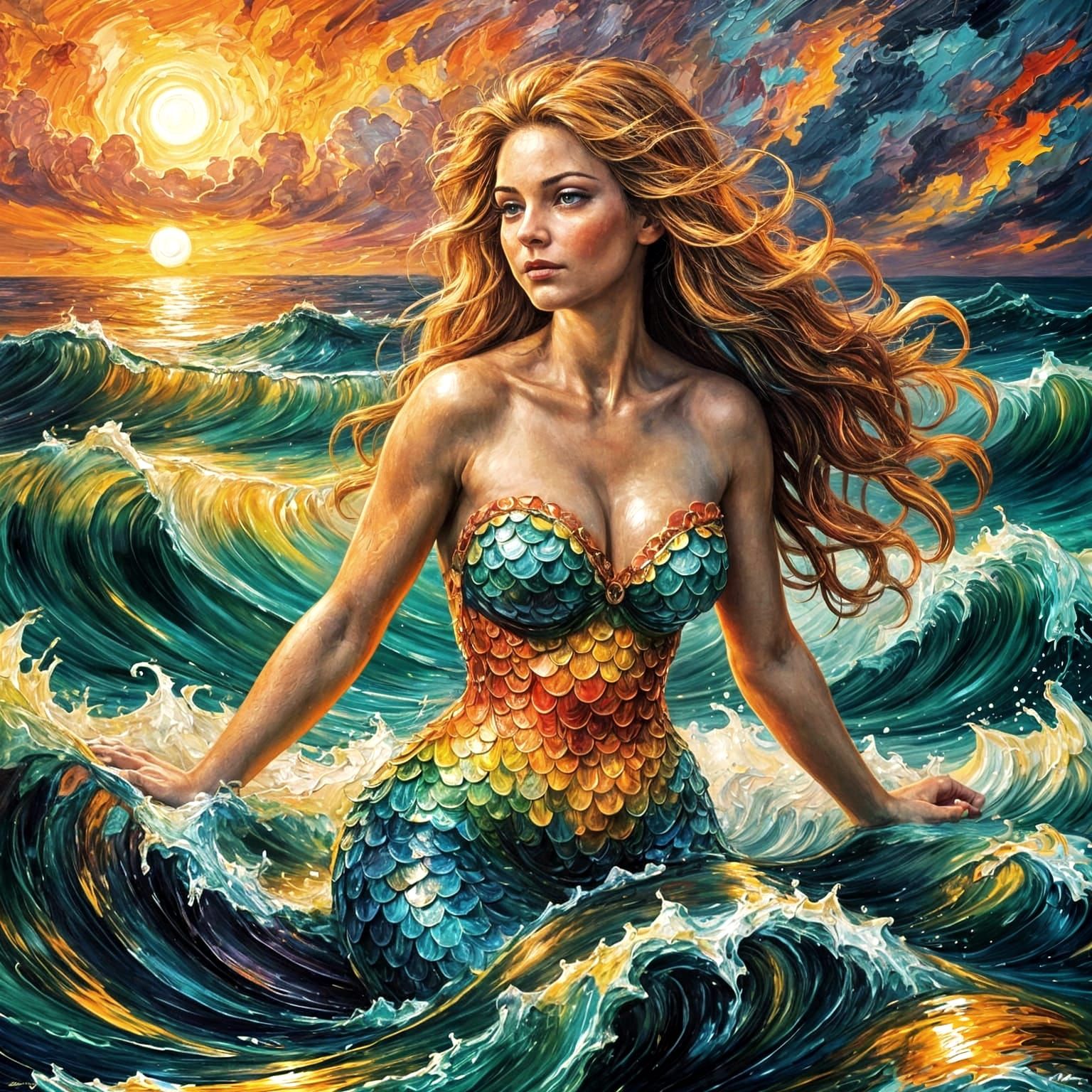 Mermaid in Stormy Sea at Vivid Sunset