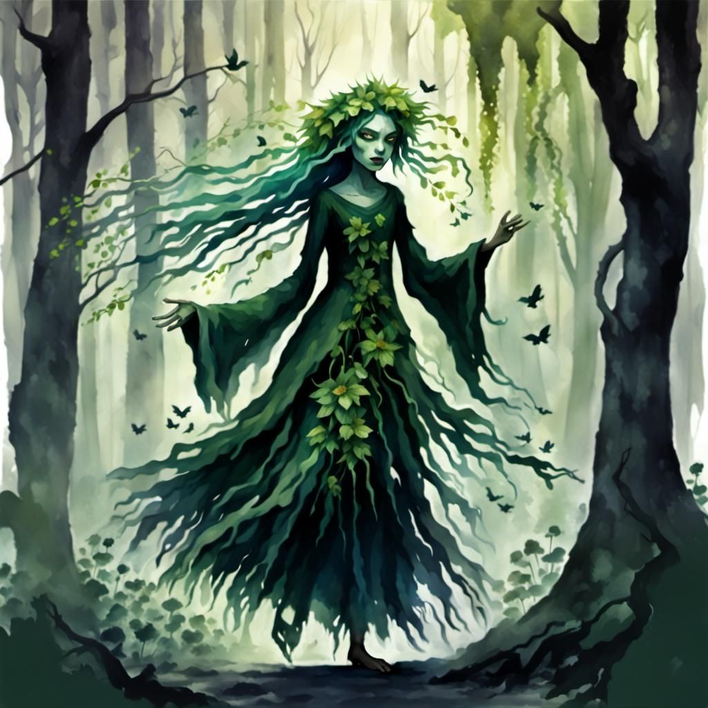 Haunted Weeping Willow Forest Fairy in Watercolor