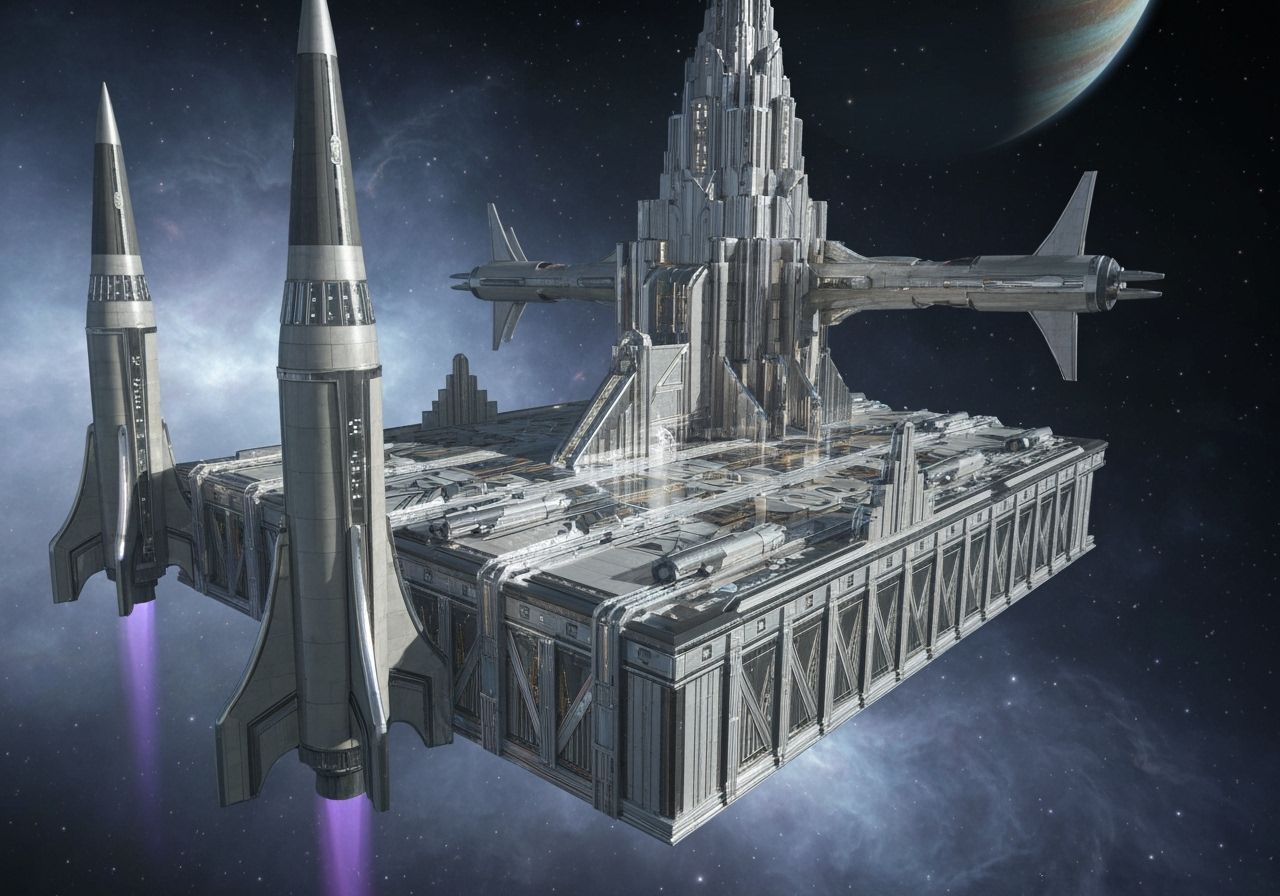 Teslapunk Art Deco Space Dock Above Nebula