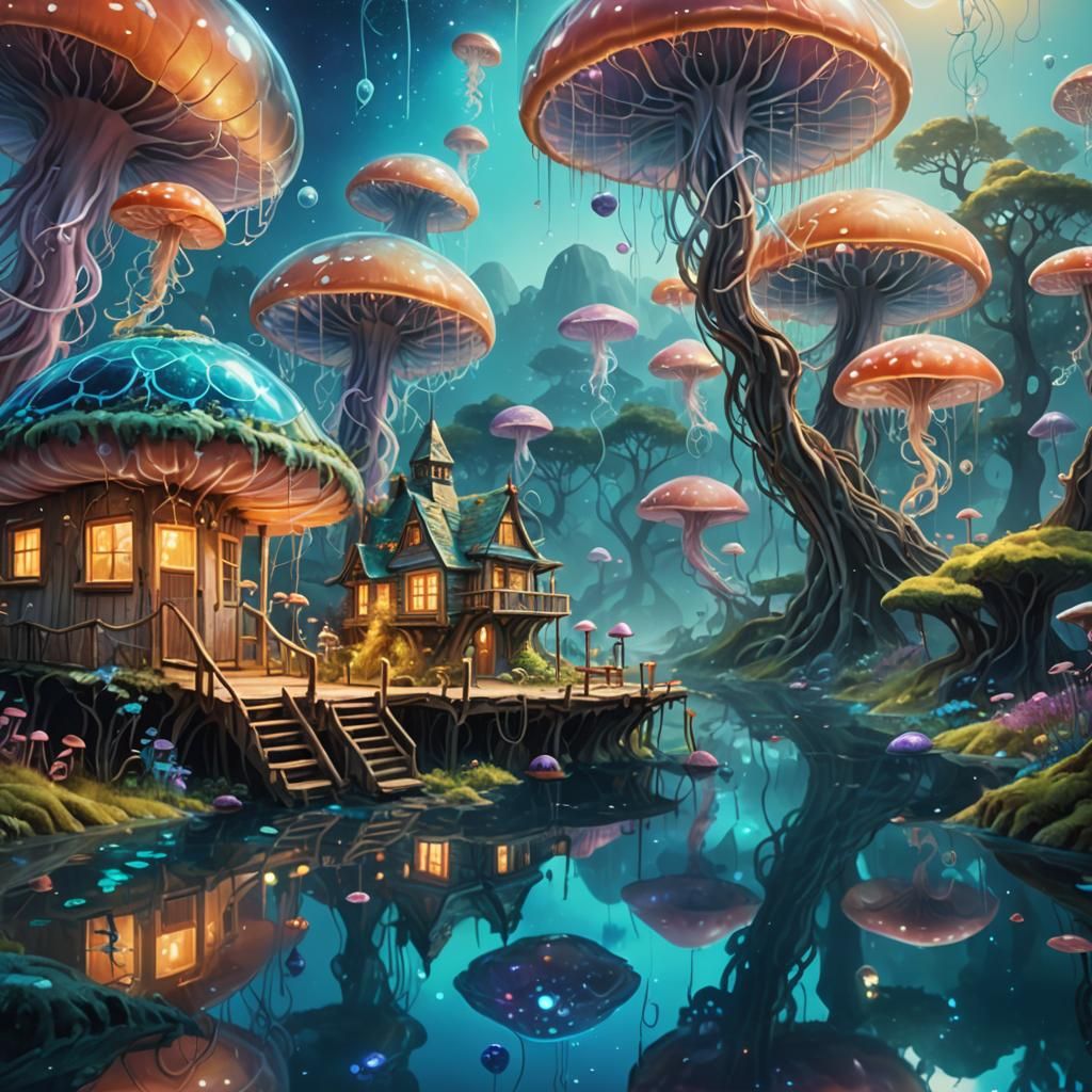 Mystical Alien Landscape in Cosmic Oil Painting Style
