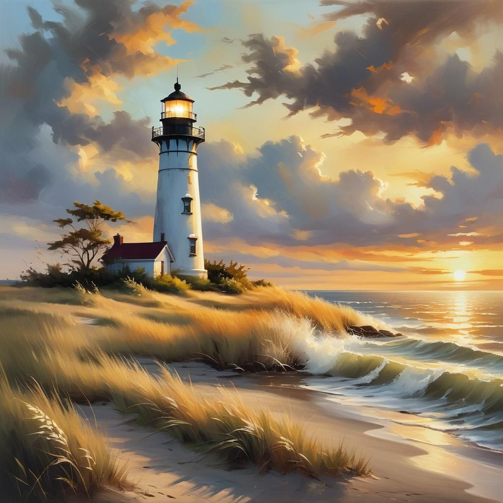 Luminous Okracoke Island Lighthouse in Oil Painting Style