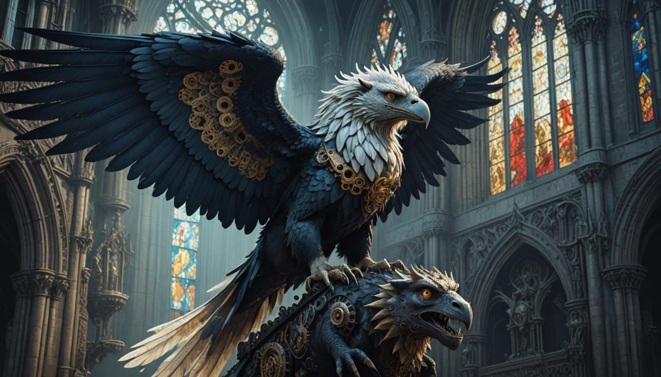Clockwork Griffin Perched on Gothic Gargoyle